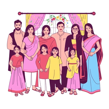 A large family portrait features multiple members arranged in a harmonious formation. Each person is dressed in traditional Indian attire, showcasing a variety of vibrant colors and intricate patterns. The men wear kurtas and sherwanis, while the women don sarees and lehengas, highlighting the diversity in styles. The family stands in front of a beautifully decorated backdrop adorned with floral motifs and colorful fabrics. Smiles adorn their faces as they pose together, capturing a moment of unity and celebration.