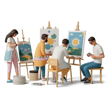 A group of four famous artists, each engaged in their creative process within their uniquely decorated studios. The first artist, a woman with long wavy hair, is focused on painting a vibrant landscape while holding a large flat brush with a wooden handle. The second artist, a man with a beard, is mixing colors on a palette, surrounded by tubes of paint and holding a fine detail brush. The third artist, a middle-aged woman, is applying bold strokes to a canvas, using a round brush, while colorful splashes of paint adorn her apron. The fourth artist, a young man with glasses, is working on a sculpture, utilizing a wide, thick brush to texture the clay. The studios are filled with various art supplies, canvases leaning against the walls, and the personal touches of each artist's style visible throughout the space.