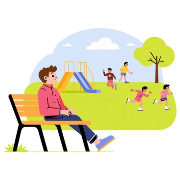A young child with brown hair sitting alone on a wooden park bench. The child is wearing a red jacket and looking thoughtfully towards a group of children playing in the grass. The scene includes a sunny day with a bright blue sky and fluffy white clouds. Nearby, colorful playground equipment can be seen, along with a few trees providing shade. The other children are running and laughing, while the child on the bench observes them quietly with a slight frown.