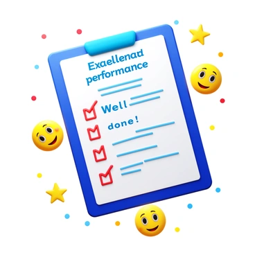A report card displaying "Excellent performance" and "Well done!" comments in clear, bold text. The card is surrounded by smiling doodles of stars and cartoonish faces with wide grins. The background features colorful, playful patterns to enhance the cheerful theme. Each doodle has expressive eyes and a joyful demeanor, contributing to an overall sense of celebration and achievement.