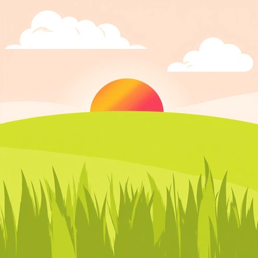 The sun setting behind a field, casting orange and red hues like flames.