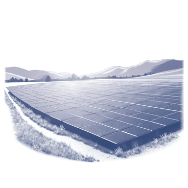 A vast field filled with numerous solar panels arranged in neat rows. The panels have a reflective surface that captures the light, creating a shimmering effect under the bright sun. The rural landscape features gently rolling hills in the background, dotted with patches of grass and wildflowers. A clear sky is visible above, enhancing the bright atmosphere of the scene. In the foreground, a dirt path runs alongside the solar panels, leading into the distance.