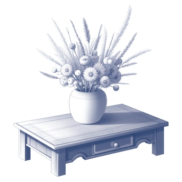A bouquet of dried flowers arranged in a rustic manner sits atop an antique wooden table. The bouquet features various types of dried blooms and grasses, exhibiting delicate textures and forms. The table, with its rich, weathered grain, shows signs of age with intricate carvings along the edges. The scene captures a sense of nostalgia, with soft light casting gentle shadows across the surface, highlighting the natural beauty of the arranged flowers and the craftsmanship of the table.