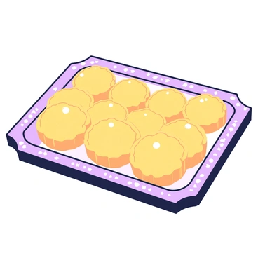 A tray filled with pastries arranged symmetrically. Each pastry is perfectly golden brown with a smooth, glossy surface. The pastries are identical in shape, resembling small, round tarts with fluted edges. They are placed closely together, creating a neat and organized appearance. The tray has a decorative border, adding elegance to the presentation. A light sheen glistens on the surfaces of the pastries, emphasizing their freshly baked quality.
