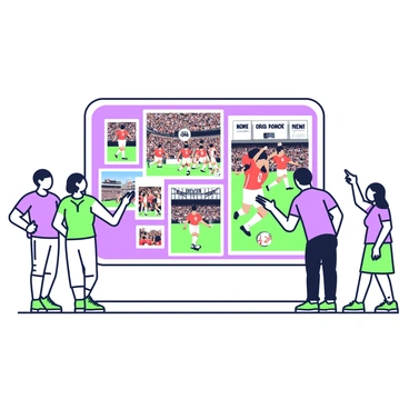 A collection of posters showcasing past matches and players is displayed on the walls of Old Trafford. Each poster features vivid imagery of iconic moments, with players in dynamic poses and cheering crowds in the background. The posters are arranged in a grid-like pattern, some larger and some smaller, capturing the essence of the stadium's history. In front of the display, a few spectators are admiring the posters, with one person pointing towards a specific match. The atmosphere is lively, filled with anticipation and nostalgia.
