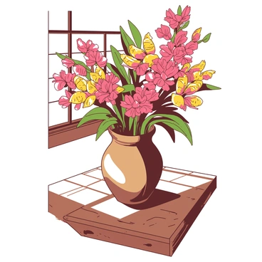 A rustic vase in a worn, earthy texture is filled with vibrant, multi-colored grevillea flowers, showcasing their intricate shapes and unique petals. The vase has a wide base and a narrow neck, creating an elegant silhouette. The wooden table beneath the vase features a rich grain pattern, with knots and a slightly weathered finish. Sunlight streams in from a nearby window, casting soft shadows around the arrangement. The scene evokes a warm and natural ambiance, highlighting the beauty of both the flowers and the rustic table.