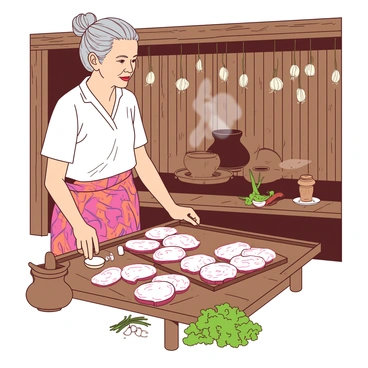 An elderly Thai woman with gray hair tied back in a bun is standing in a traditional wooden kitchen. She is wearing a colorful, patterned sarong and a simple blouse. In front of her, there is a wooden table where she is preparing "moo deng," which consists of slices of marinated pork. The kitchen is adorned with hanging garlic and shallots, and there is a clay stove in the background with a pot on it. A wooden mortar and pestle sits on the side, and various fresh herbs are scattered around the table. The atmosphere reflects a sense of tradition and cultural heritage.