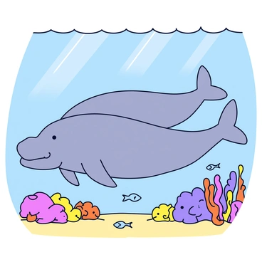 A family of dugongs swims gracefully together. Each dugong has a robust, rounded body and a fluked tail, gliding through the clear turquoise waters. Their skin is a soft gray color with some patches of lighter shades. Surrounding them are vibrant coral formations in various colors, including pink, orange, and yellow, providing a lively backdrop. Small fish dart around the dugongs, adding to the bustling underwater scene. Sunlight filters through the water, creating a dappled effect on the sandy ocean floor below.