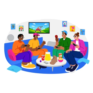 A group of four friends sitting together in a cozy living room, each focused on their gaming controllers. The friends are diverse in appearance, with one wearing glasses and another sporting a colorful cap. Surrounding them are bowls filled with chips and popcorn, along with a couple of soda cans and a large pitcher of lemonade on a nearby table. The television screen displays an exciting video game scene, illuminating their faces with vibrant colors. The room is decorated with posters of popular games and soft cushions scattered on the floor.
