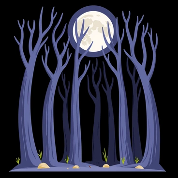 A dense forest filled with tall, twisted trees reaching toward the sky. The trees have dark bark and branches that intertwine in complex patterns. A large, bright full moon hangs overhead, illuminating the scene with a silvery glow. The moonlight casts long, eerie shadows on the forest floor, creating an atmosphere of mystery. Small patches of grass and scattered rocks are visible among the tree roots, contributing to the natural setting.