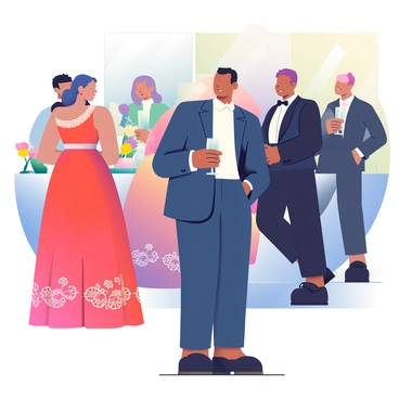 A company executive with short black hair is wearing a sleek, dark blue suit and a crisp white shirt. He is holding a glass of champagne in his right hand while engaging in conversation with a group of elegantly dressed guests. The guests include a woman in a flowing red gown with intricate lace details and a man in a tailored black tuxedo. In the background, soft lighting illuminates the elegant venue, highlighting floral centerpieces on tables and luxurious drapes. The atmosphere is filled with a sense of sophistication as attendees laugh and network.