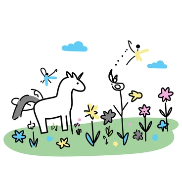 A green meadow filled with colorful wildflowers. Various mythical creatures are present, including a white unicorn with a spiraled horn standing gracefully. Nearby, small fairies with delicate wings are flying among the flowers, their bodies shimmering with bright colors. The sky above is clear with a few fluffy clouds drifting casually. The overall scene is lively, showcasing the interaction of the unicorn and the playful fairies.