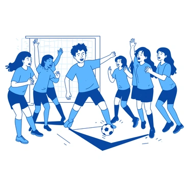 A young athlete wearing a blue soccer uniform is in the midst of kicking a white soccer ball towards the goal. The athlete's face shows determination and focus as the ball is about to cross the goal line. Surrounding the athlete, there are several teammates in matching blue uniforms, jumping and cheering with excitement. Some teammates are clapping their hands, while others are raising their arms in celebration. The scene captures the energy of teamwork and triumph, with bright expressions on each player's face.