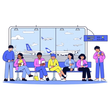 Passengers seated and standing in an airport terminal, each engaged in various activities. Some are looking at their phones, while others are reading books or chatting with companions. Large windows in the background reveal several airplanes parked on the tarmac. The planes vary in colors and designs, showcasing their wings and tails. The terminal features modern seating arrangements and informative displays about flight schedules. Bright overhead lights illuminate the space, creating a bustling atmosphere.