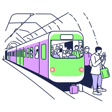 A packed metro train is moving through a tunnel during rush hour. The interior of the train is filled with passengers standing and sitting, some holding onto overhead handrails while others are engrossed in their phones. The walls of the tunnel are lined with concrete, and the train's windows show a fleeting view of the tunnel walls. Bright lights illuminate the interior, creating shadows on the faces of the commuters. The atmosphere is bustling as some passengers have bags at their feet, and a few are having quiet conversations.