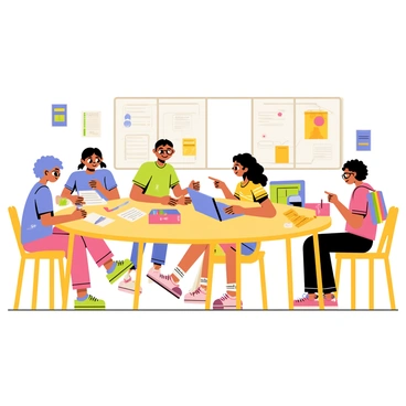 A bright classroom with colorful posters on the walls. Several children of different gender identities are seated around a large wooden table, actively collaborating on a group project. One child with short blue hair is drawing on a sheet of paper, while another with long curly hair is sorting through a box of craft supplies. A child wearing glasses is typing on a laptop, and another child with a rainbow backpack is pointing at a poster on the wall. They all appear engaged and focused on their task, surrounded by textbooks and art materials.