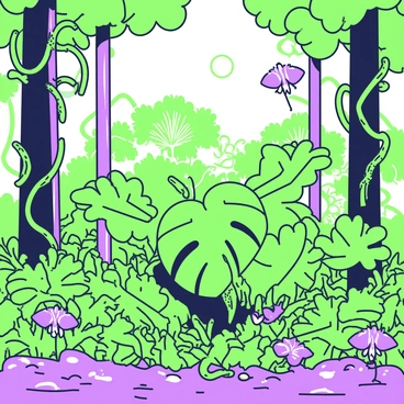 A dense jungle scene filled with wild monstera deliciosa plants growing abundantly. The monstera plants have large, glossy leaves with characteristic holes and cuts. Surrounding the plants are several tall, slender trees with thick trunks and a tangled undergrowth of vines. The ground is covered with a rich layer of leaf litter and small ferns. Sunlight filters through the canopy, casting dappled light on the vibrant greenery of the plants. In the background, a few colorful tropical flowers can be seen peeking out from the foliage.