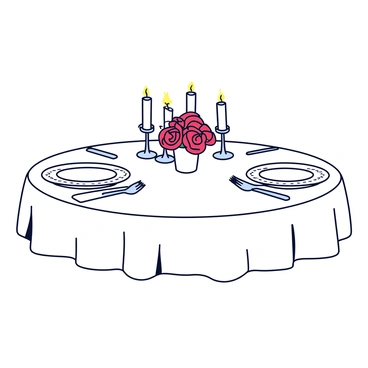 A dinner table elegantly set for two, covered with a crisp white tablecloth. The table features two plates, each with a delicate design along the edges, and polished silver cutlery placed neatly beside them. Flickering candles are arranged in the center of the table, casting a warm light that illuminates the scene. A bouquet of fresh red roses sits in a small vase, adding a touch of color to the setting. Soft cloth napkins are folded neatly beside each plate.