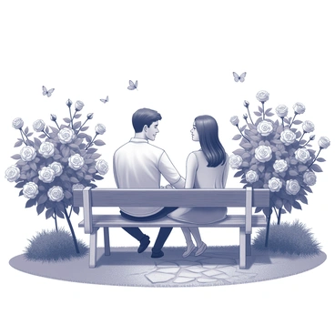A couple is seated on a wooden bench in a garden. The man has short hair and is wearing a light-colored shirt, while the woman has long hair and is dressed in a flowy dress. They are facing each other, engaged in conversation. Surrounding them are lush rose bushes in full bloom, with numerous roses at various stages of opening. The garden is neatly landscaped, featuring well-trimmed grass and a stone pathway winding through the greenery. A few butterflies are fluttering around the flowers, adding to the tranquil atmosphere of the scene.