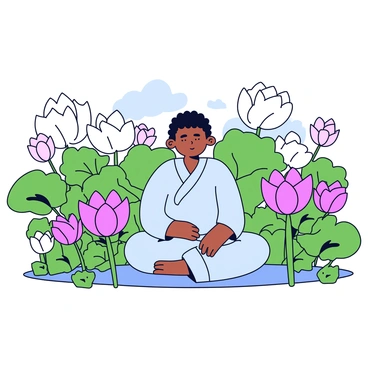 A garden filled with blooming lotus flowers in various shades of pink and white. In the center of the garden, there is a figure sitting cross-legged, wearing a simple robe. The figure has a peaceful expression, with hands resting on the knees. The background features lush green leaves and soft sunlight filtering through, creating a tranquil atmosphere.