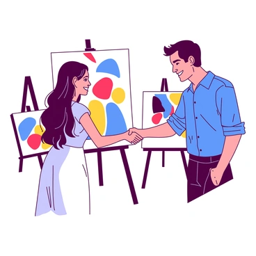 A male artist with dark hair wearing a blue shirt is shaking hands with a female artist who has long, red hair dressed in a white dress. They stand in front of a large canvas showcasing a colorful artwork that features vibrant abstract shapes. The background is filled with easels displaying additional pieces of their artwork. The atmosphere conveys a sense of collaboration and creativity as both artists smile at each other while exchanging a firm handshake.
