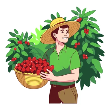 A farmer wearing a yellow straw hat is standing in a lush green coffee plantation. He is holding a woven basket filled to the brim with vibrant red coffee cherries. The farmer has a content expression as he gazes at the basket. Behind him, coffee trees stretch up with clusters of shiny coffee cherries adorning the branches. Sunlight filters through the leaves, creating a natural spotlight on the farmer and his harvest.