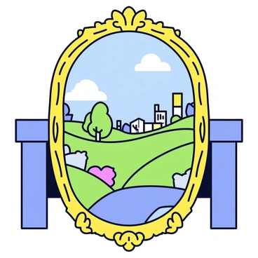 A large grand mirror with an ornate golden frame, intricately carved with floral patterns. The surface of the mirror reflects a vibrant future scene featuring a lush, green landscape with rolling hills and a bright blue sky. In the distance, futuristic buildings with sleek designs can be seen, surrounded by trees and colorful flowers. The castle walls, made of stone, are visible on either side of the mirror, adding to the grandeur of the setting.