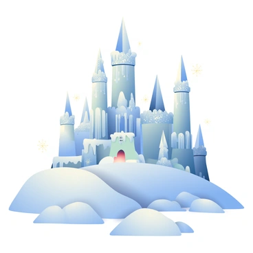 An elaborate ice palace with towering spires and intricate frozen details is situated atop a snowy hill. The palace glistens in the morning light, reflecting various shades of blue and white. Delicate icicles hang from the edges of the structures, and the surface of the palace appears smooth and crystalline. Surrounding the palace, the snowy hill is blanketed with fresh, powdery snow that sparkles in the sunlight. In the foreground, gentle snowdrifts and small glimmering snowflakes dance in the air, completing the wintery scene.