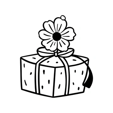 A single "ranunculus flower" is placed prominently on top of a "gift box," which is wrapped in textured paper. A "satin ribbon" is elegantly tied around the box, creating a bow at the top. The gift box has subtle patterns embossed on its surface, adding depth to the presentation. The arrangement showcases the delicate layers of the flower against the structured form of the box, emphasizing the contrast between nature and crafted materials.