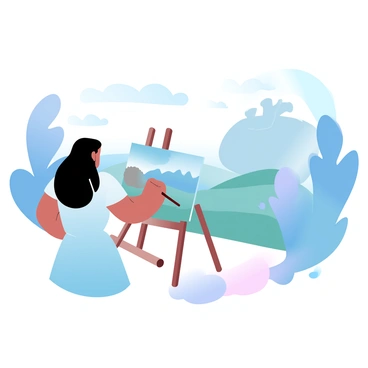 Mary Shelley painting a landscape, with the creature watching from a distance in the background.