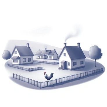 A village scene at dawn, featuring several quaint houses with chimneys. Smoke is gently rising from the chimneys, creating a soft atmosphere. In the foreground, a rooster stands on a fence, crowing as the sun begins to rise. The village is surrounded by rolling hills, and a few trees are scattered throughout the area. Some villagers can be seen beginning their daily routines, adding life to the peaceful morning.