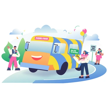 A large, colorful bus with a smiling face on the front is driving on a course set up for a competition. The bus has vibrant blue and yellow stripes along its sides, and there are several friendly-looking employees standing around, cheering. Some of them are holding banners with motivational phrases in bold letters. In the background, there are festive decorations like balloons and streamers hanging from nearby trees. The sky is clear with a few fluffy clouds, adding a lively atmosphere to the event. The bus is making a sharp turn, showcasing the excitement of the competition.