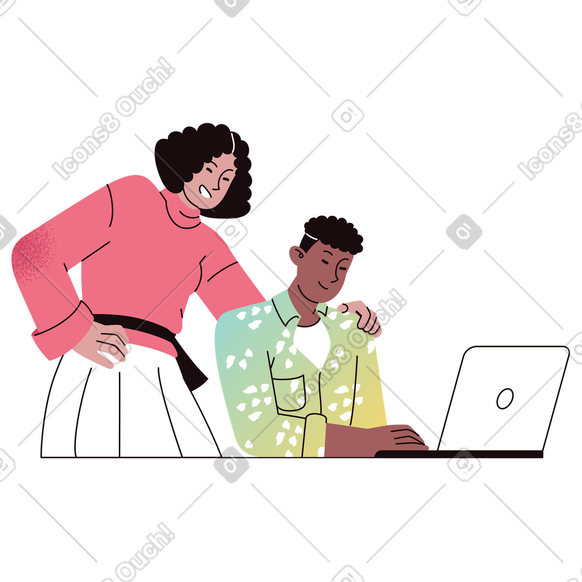 Illustration Mentor assisting new colleague, office coaching and guidance dans le style Delight à télécharger aux formats PNG, SVG