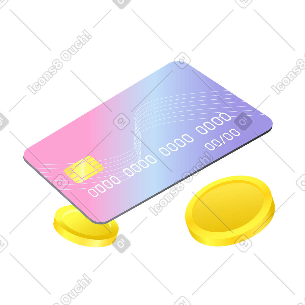 Plastic debit card with floating coins, Digital payment and finance illustration in Isotech style download in PNG, SVG