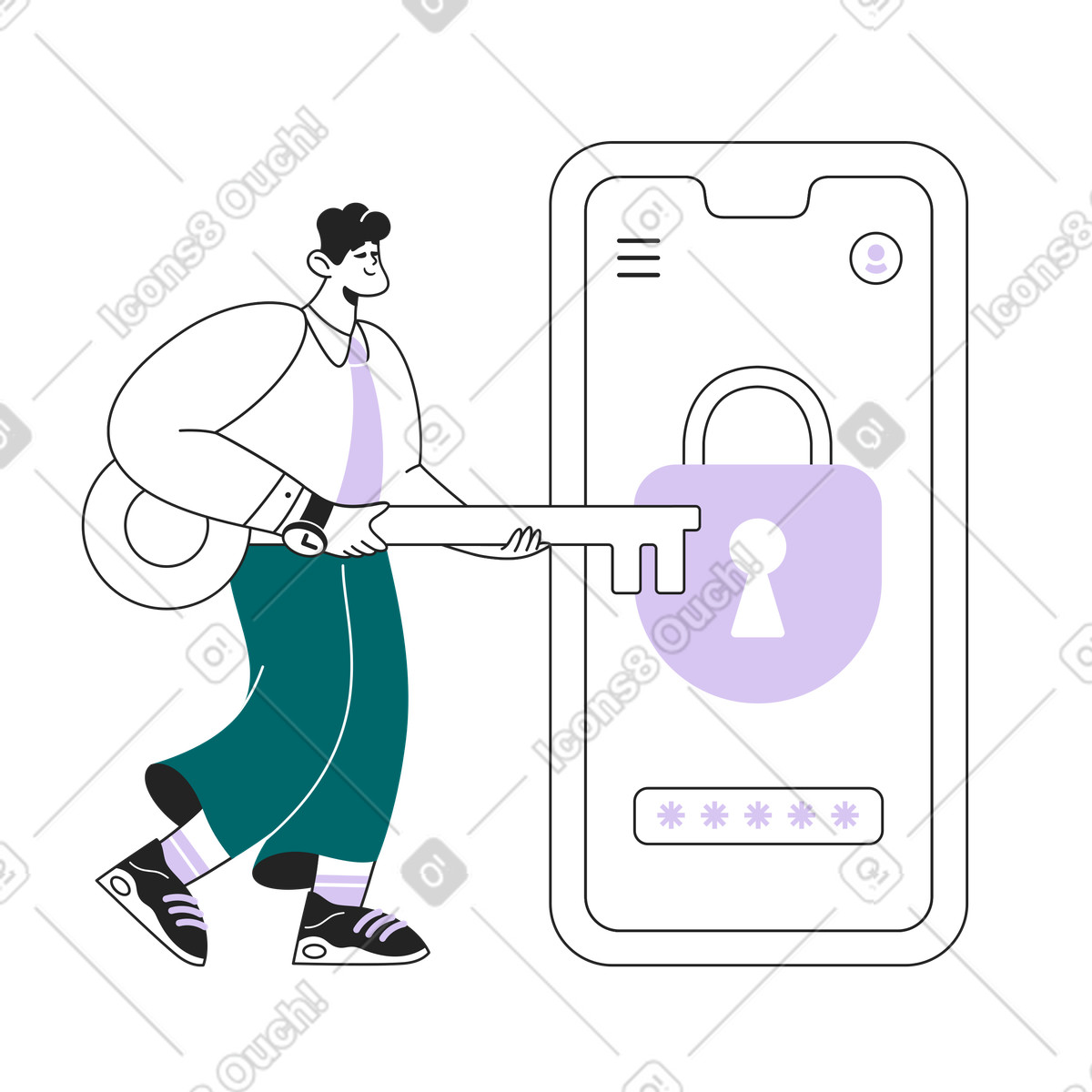 Guy with the key is trying to log into his account illustration in Sammy Line style download in PNG, SVG