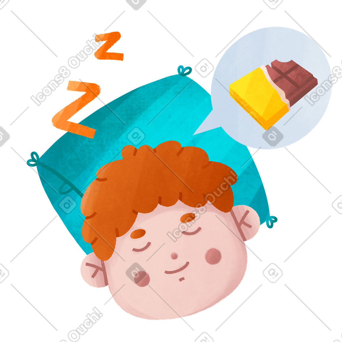 Ilustración Niño durmiendo y soñando con chocolate en estilo Bonbon a descargar en PNG SVG