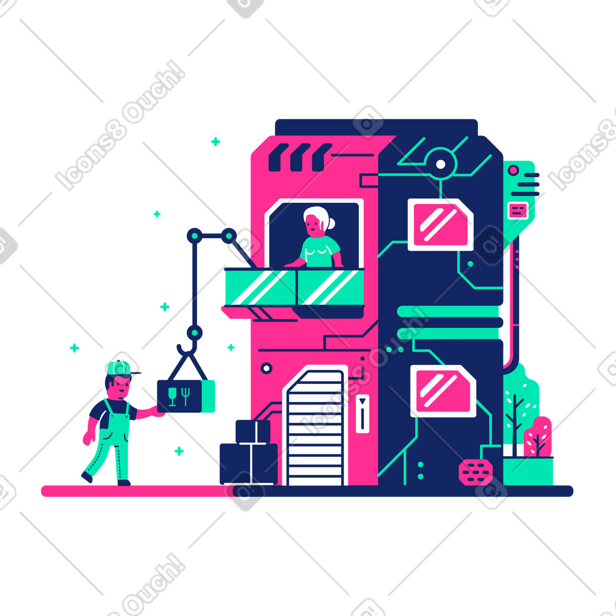 Man delivering a box to an old woman using a lift illustration in PNG, SVG