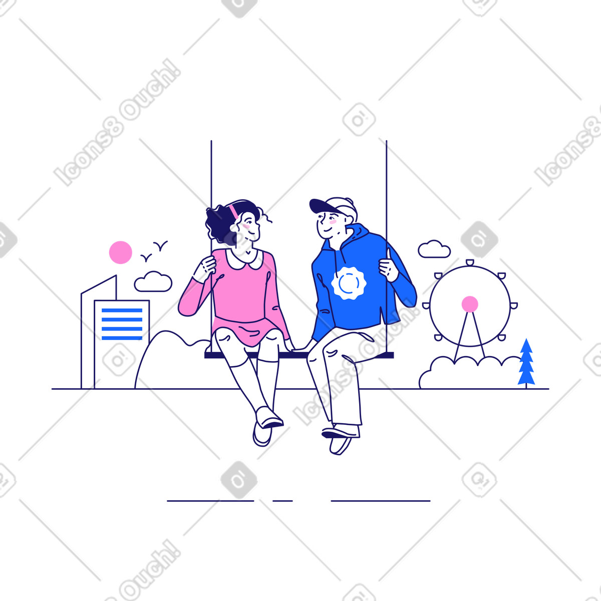 Illustration Enfants sur une balançoire dans la ville le style Matey à télécharger aux formats PNG, SVG