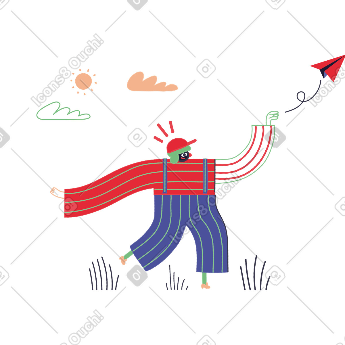 Ilustración Throwing paper airplane outdoors, Playful communication and message sending en estilo Stripy a descargar en PNG y SVG