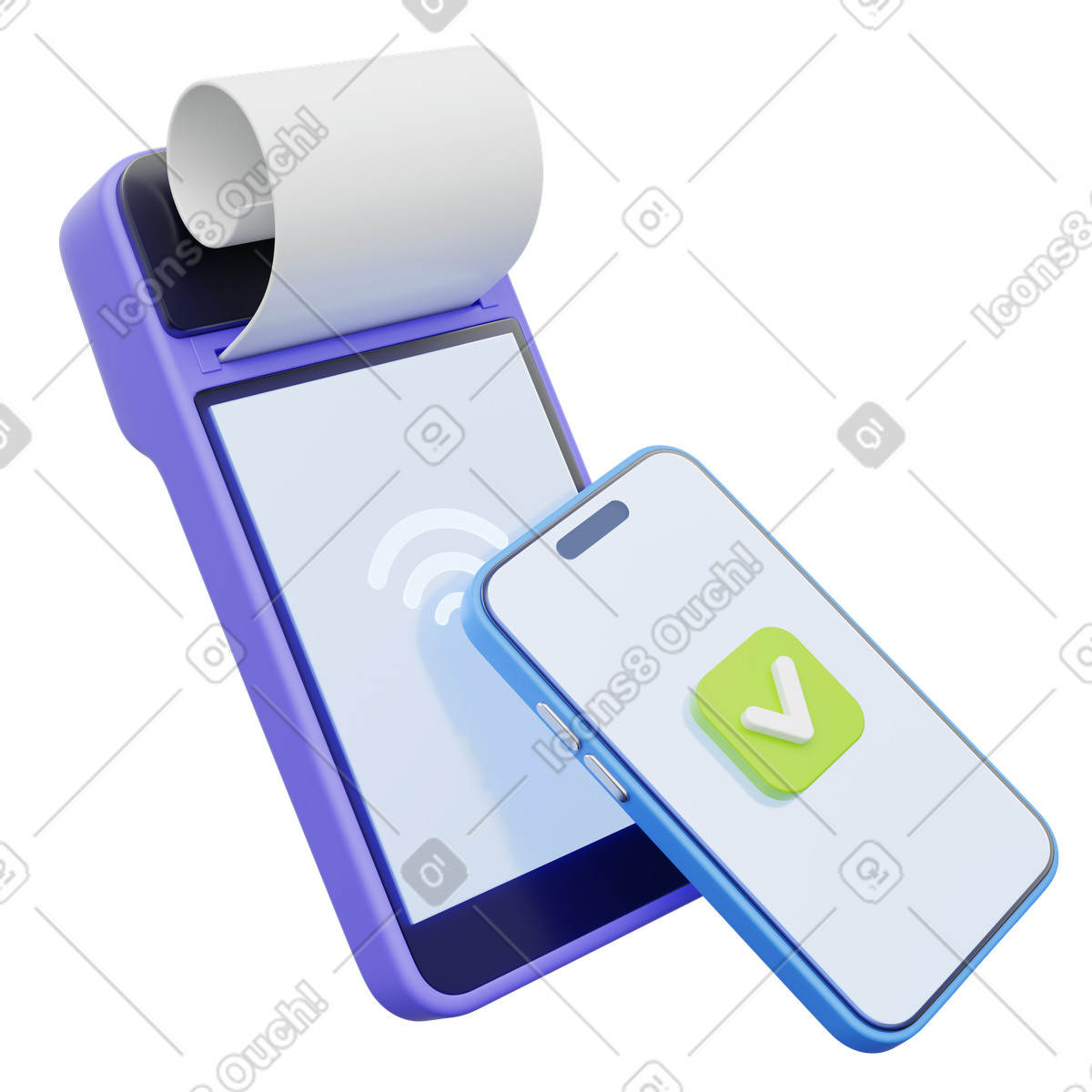 POS terminal nfc success, device with receipt green checkmark smartphone, Contactless approved transaction illustration in 3D Playful style download in PNG, SVG
