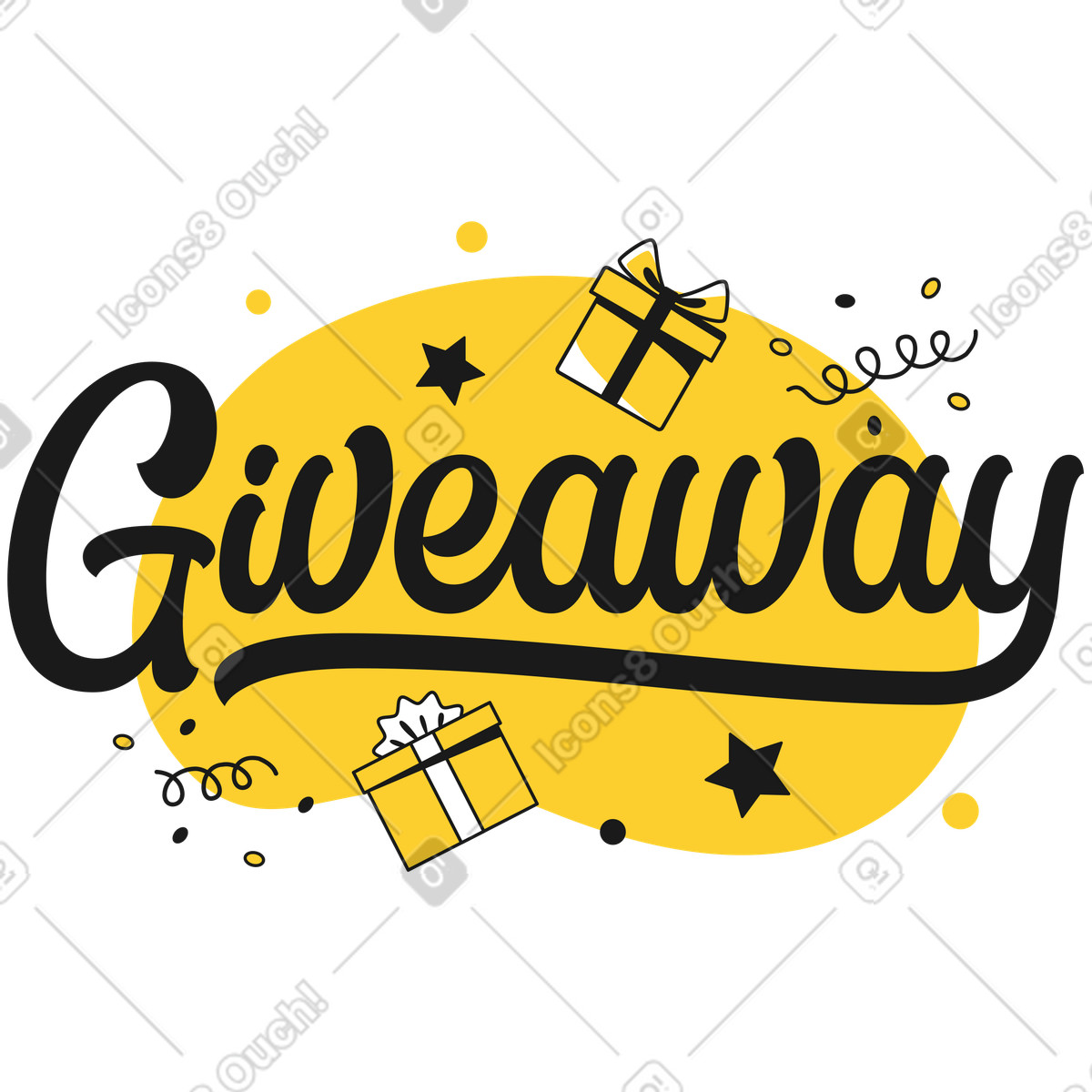 Lettering giveaway mit geschenkboxen und verzierendem text-Illustration im Taxi-Stil als Download in PNG, SVG