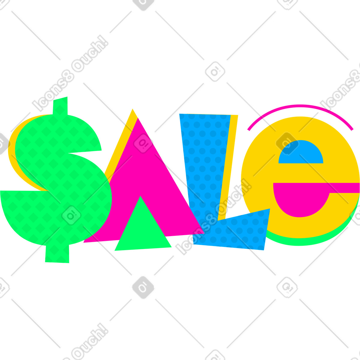 Illustration Vente de lettrage avec des points et texte signe dollar dans le style Lettering à télécharger aux formats PNG, SVG