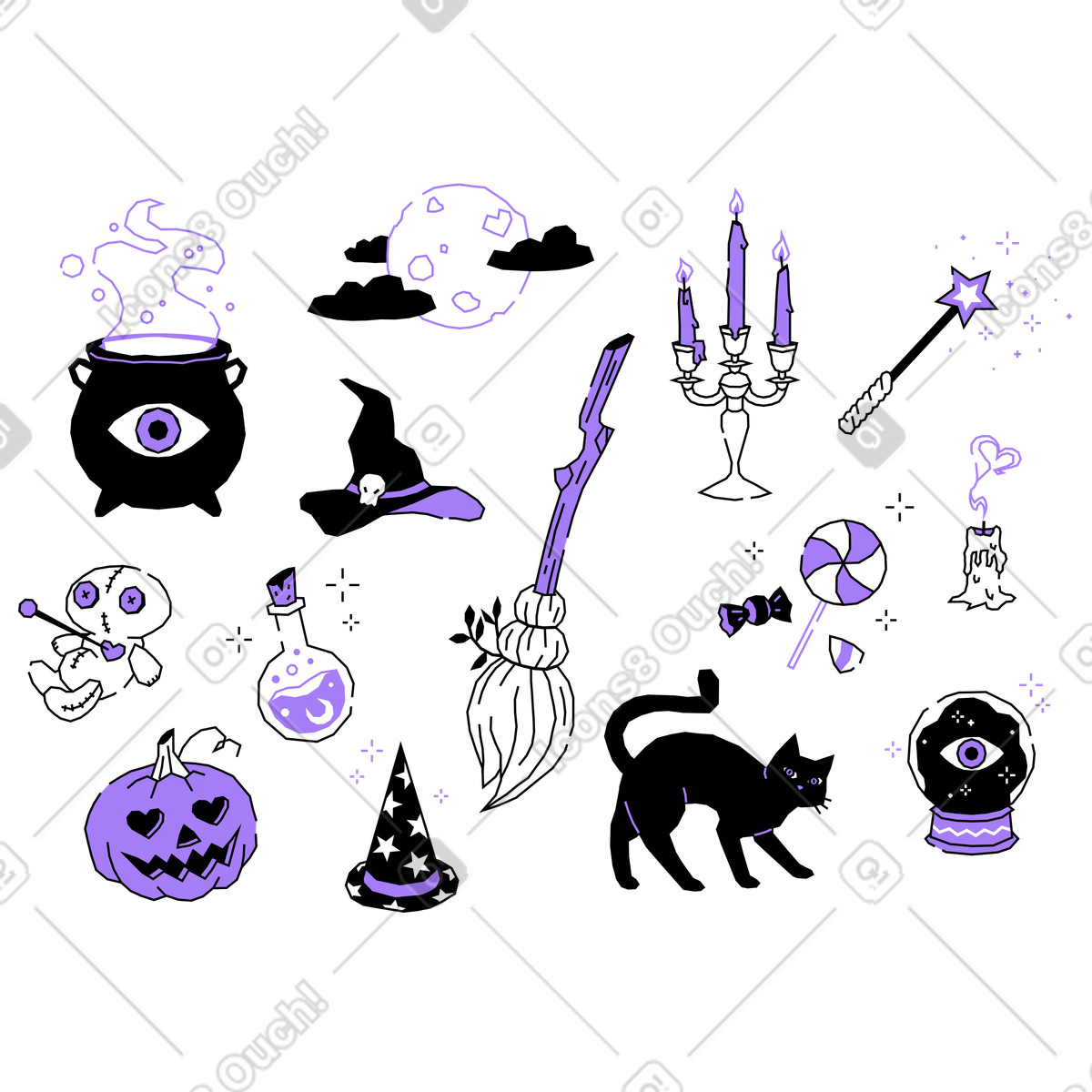 Halloween-nacht und gruselige zaubergegenstände-Illustration im Amethyst-Stil als Download in PNG, SVG