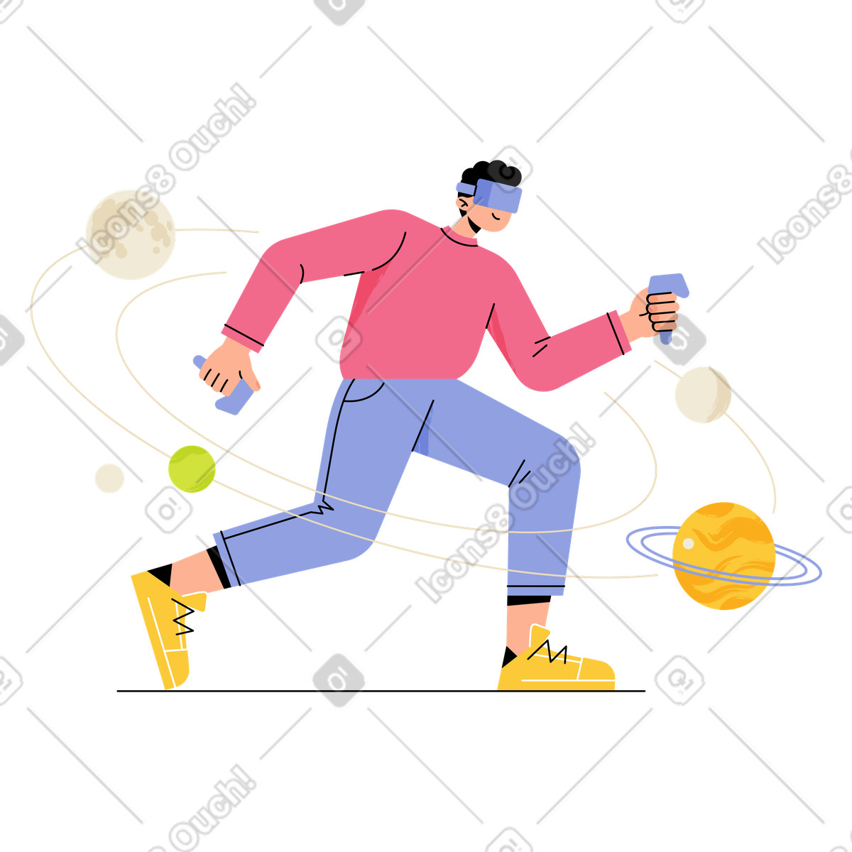 Gamer using VR controllers surrounded by planets, Immersive simulation and education illustrazione in stile Juicy scarica in PNG, SVG