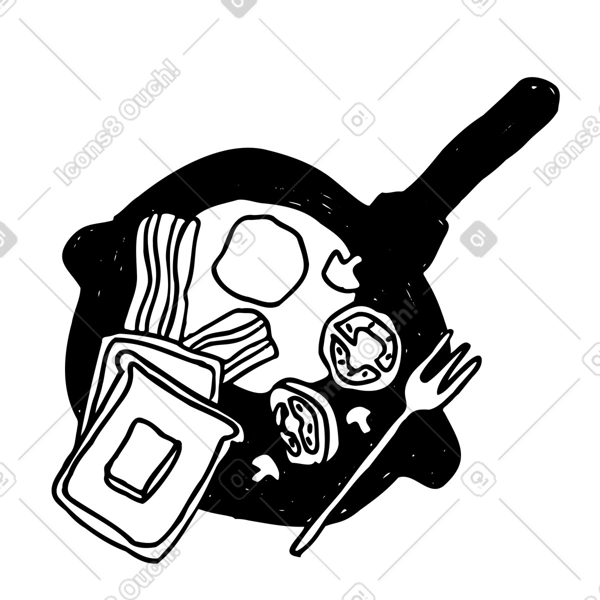 Breakfast pan with egg, toast, bacon and vegetables illustration in Marks style download in PNG, SVG