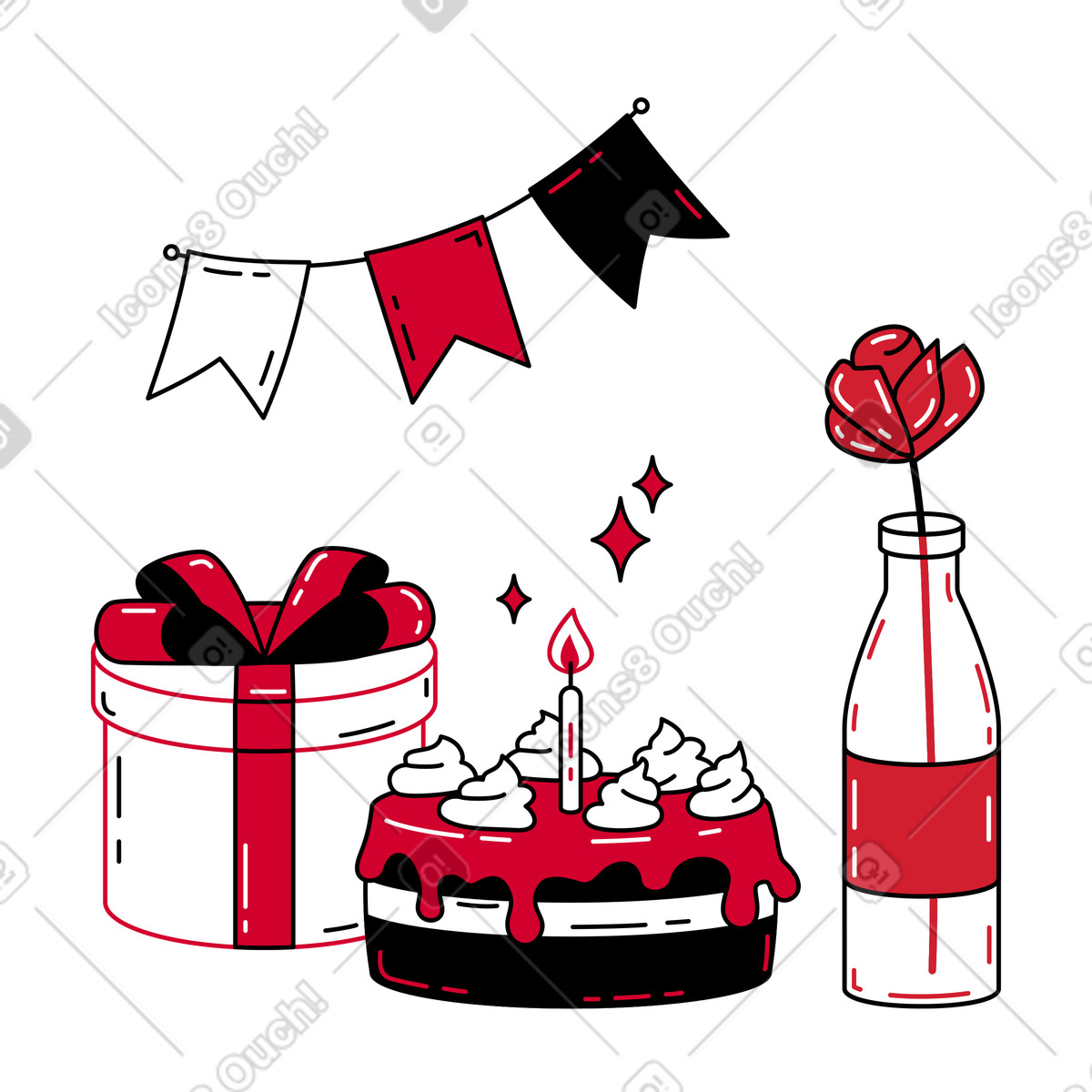 Birthday cake with present and decorations illustration in Ruby style download in PNG, SVG