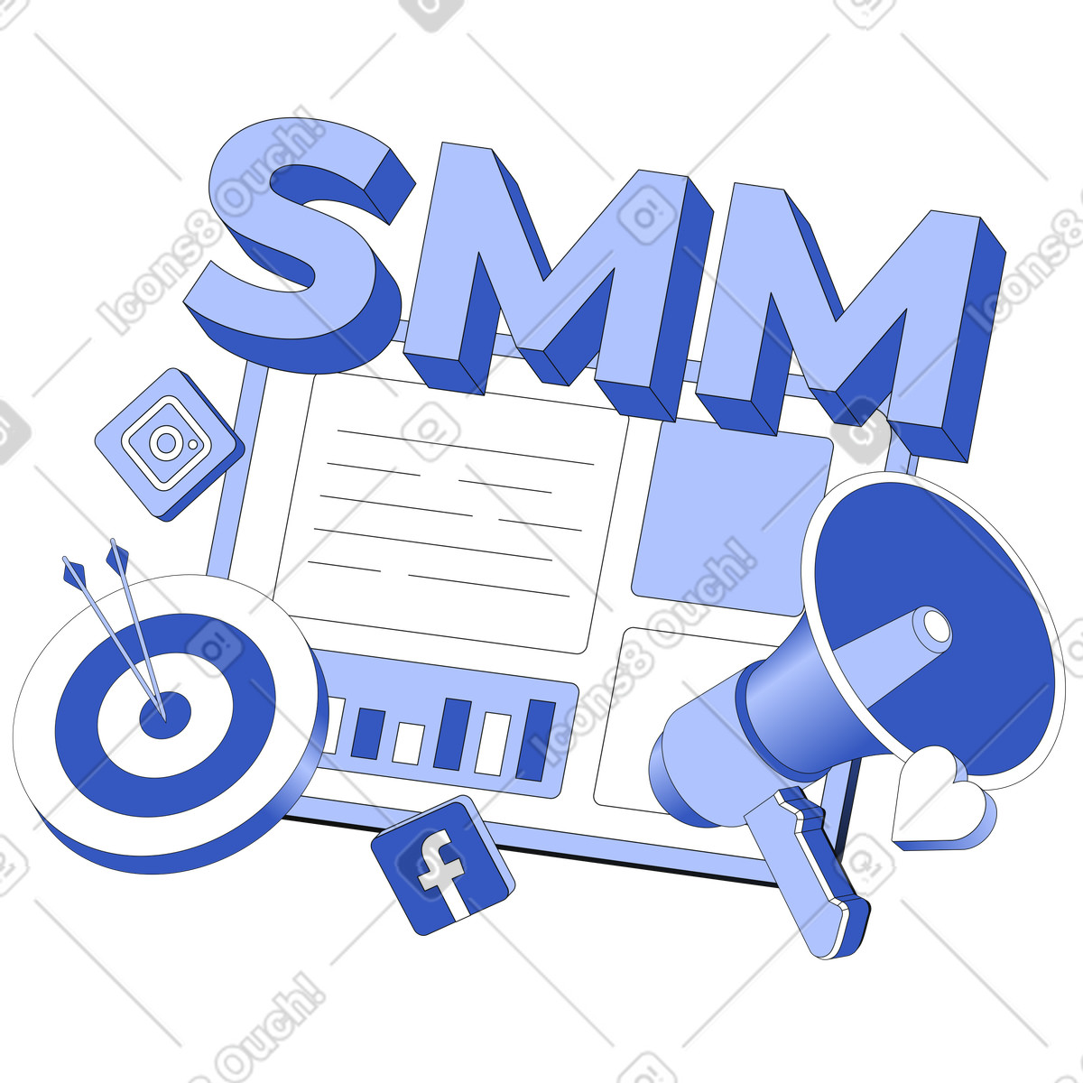 Lettering SMM with megaphone, target and social media content text illustration in PNG, SVG