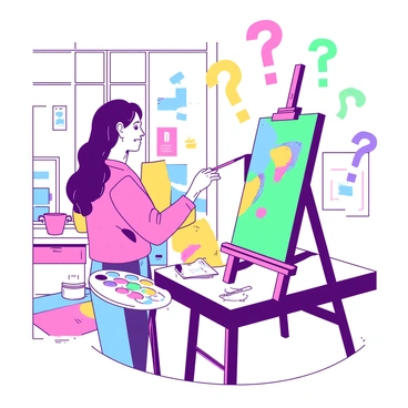 An artist is standing at an easel, painting a vibrant canvas. They have a focused expression as they hold a paintbrush in their right hand. Colorful question marks in various sizes are floating around the canvas, guiding the artist's brush strokes and adding dynamism to the scene. The easel is made of wood and supports a blank canvas, while a palette with an array of paint colors is resting on a nearby table. The background features a bright and inviting studio filled with art supplies.