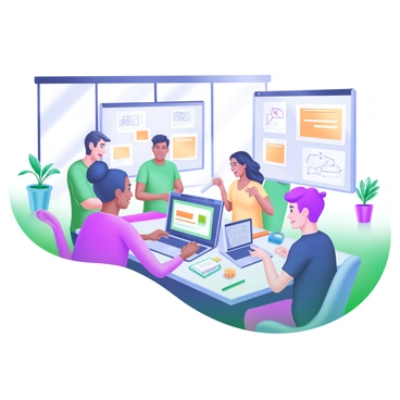 A modern pastel illustration of a tech startup office filled with young professionals engaged in brainstorming ideas. In the center, a diverse group of men and women is gathered around a large table, some seated and others standing, all focused on a laptop displaying colorful graphics. Whiteboards filled with sticky notes and diagrams are visible in the background. Potted plants are placed around the office, adding a touch of greenery. Bright light floods the space through large windows, creating an energetic atmosphere. Various tech gadgets and notebooks are scattered across the table, enhancing the collaborative environment.