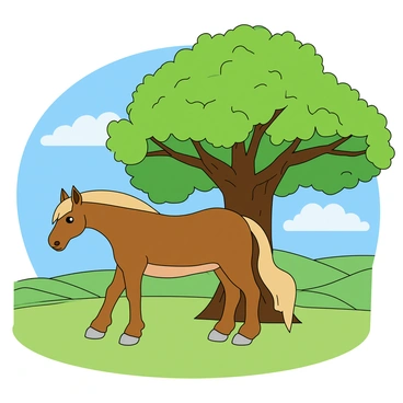 A lone brown horse with a shiny coat is grazing on green grass in a wide-open pasture. The horse has a long mane flowing gently in the breeze. It is standing underneath a large, sturdy oak tree with a thick trunk and expansive branches that provide shade. The oak tree has vibrant green leaves that rustle slightly in the wind. The sky above is a bright blue, dotted with fluffy white clouds. In the background, there are rolling hills that add depth to the landscape.